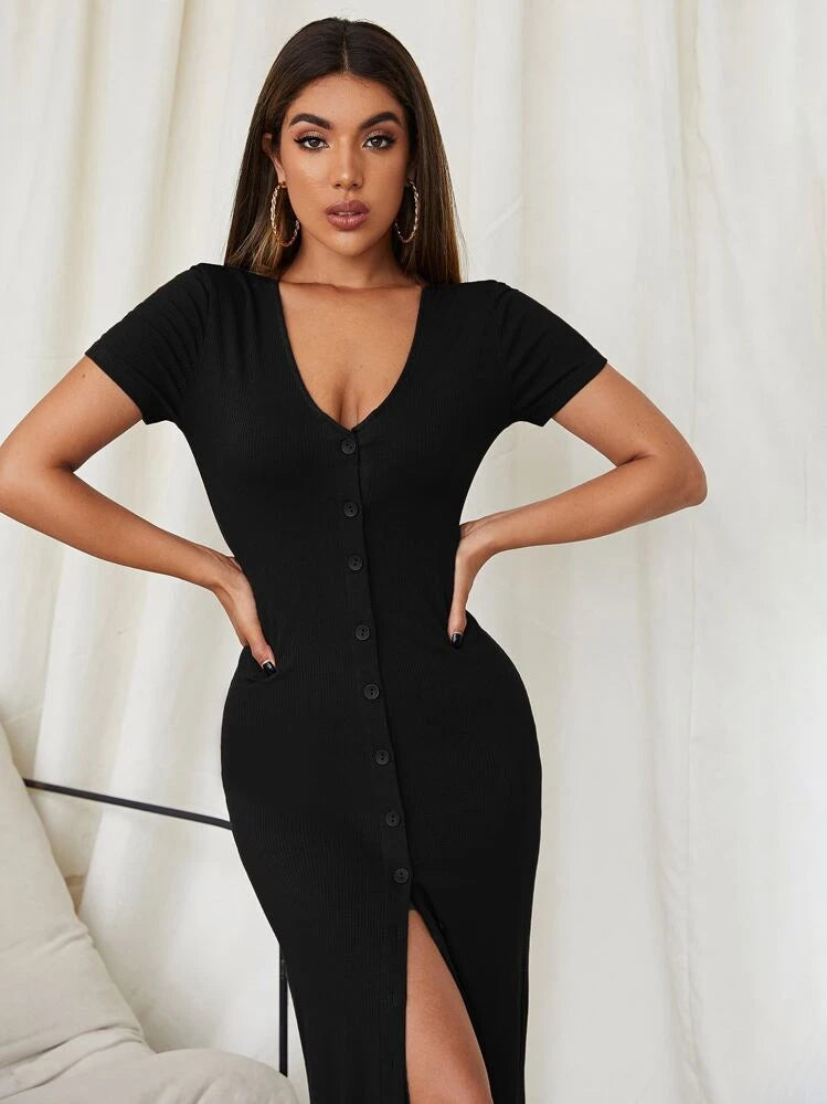 Yoinko - Schwarzes Ausschnitt Kleid mit Knöpfen